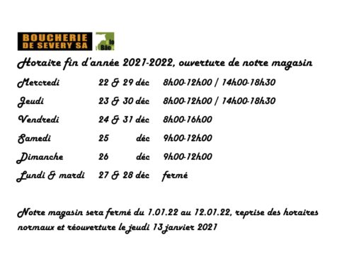 Nos horaires pour le fêtes de fin d’année 2021